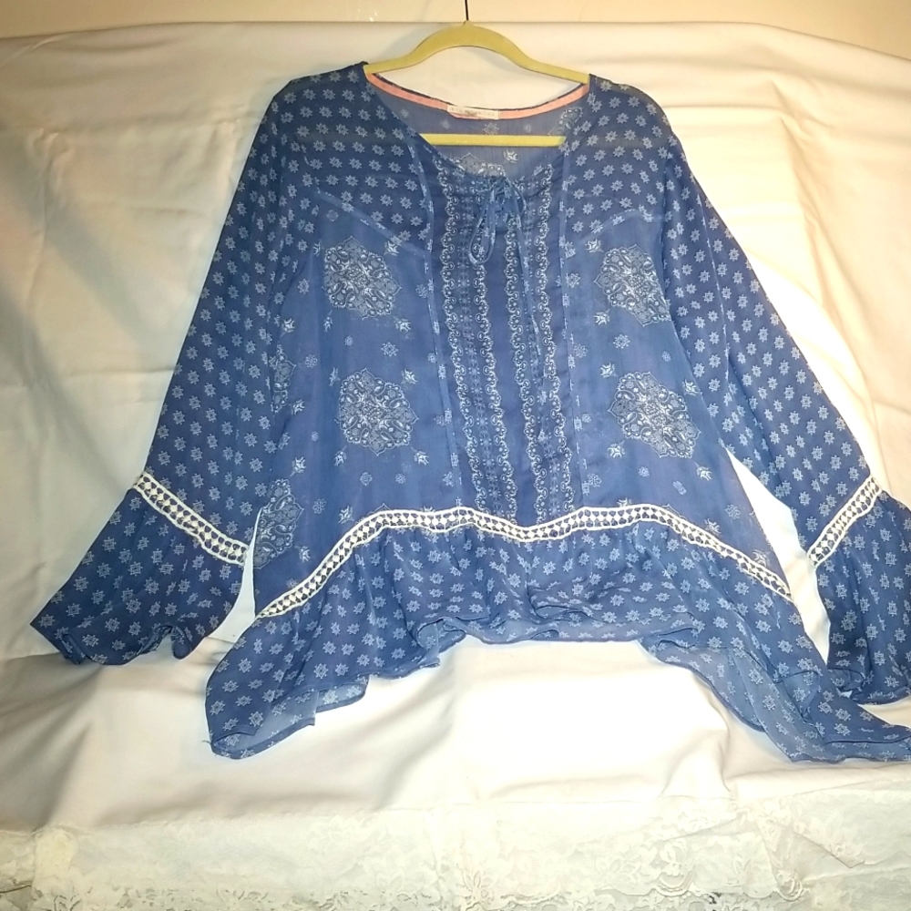 Boho Style Flowy women's,Blue bell sleeve Blouse With Crochet Detail.
